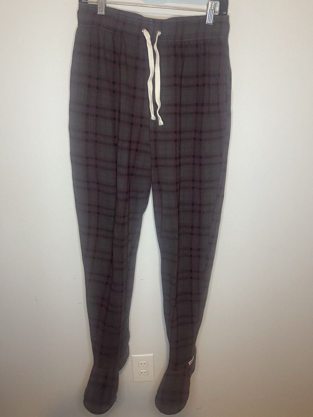 Feejays Unisex M Plaid Fleece Pajama Pants Drawstring Black Gray Burgundy